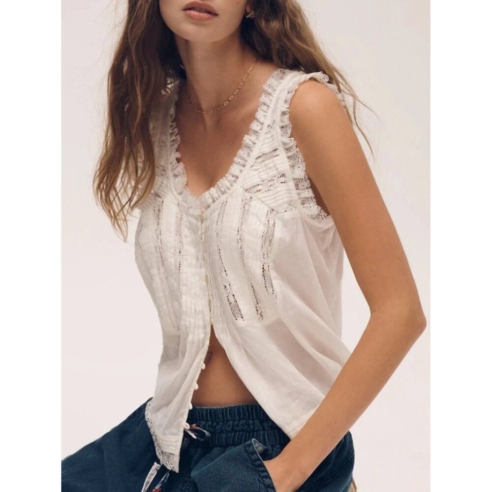 By Anthropologie 100% Cotton Lace Ruffle Tank Top Buttondown Ivory XL 290295
